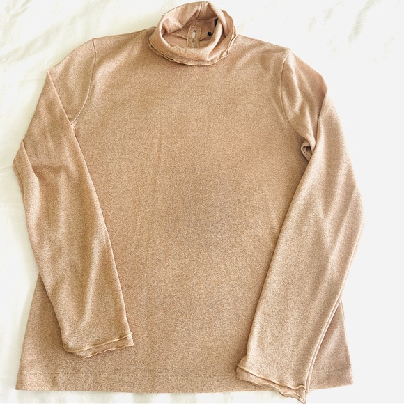 J. Crew Turtleneck Metallic Rose Gold Stretch Knit Ruffle Edge Top size Medium - Picture 11 of 16
